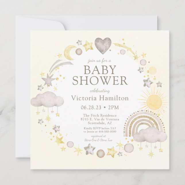 Invitation Boho Watercolor Rainbow Baby shower (Devant)