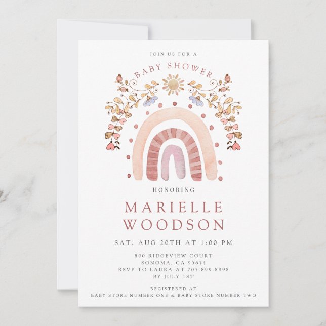 Invitation Boho Watercolor Rainbow Sunshine Baby shower (Devant)