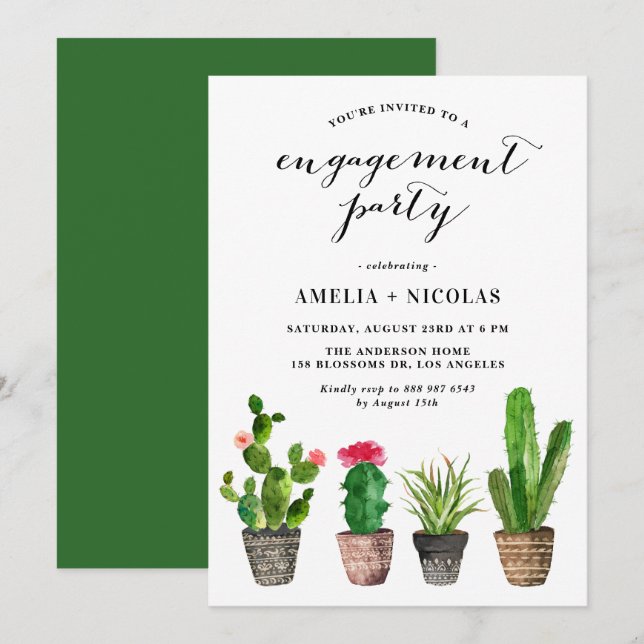 Invitation Boho Watercolor Succulents Summer Engagement Party (Devant / Derrière)