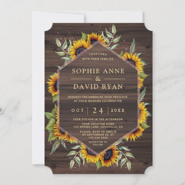 Invitation Boho Watercolor Sunflowers Wood Grange Mariage (Devant)