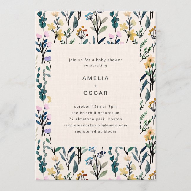 Invitation Boho Watercolor Wildflower Couples Baby Shower  (Devant)