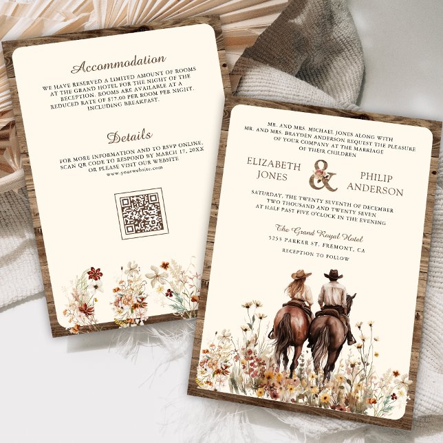 Invitation Boho Western Couple équitation Cheval QR Code Mari (Créateur téléchargé)