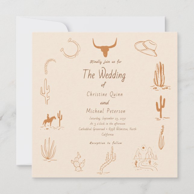 Invitation Boho Western Cowboy Mariage d'illustration (Devant)