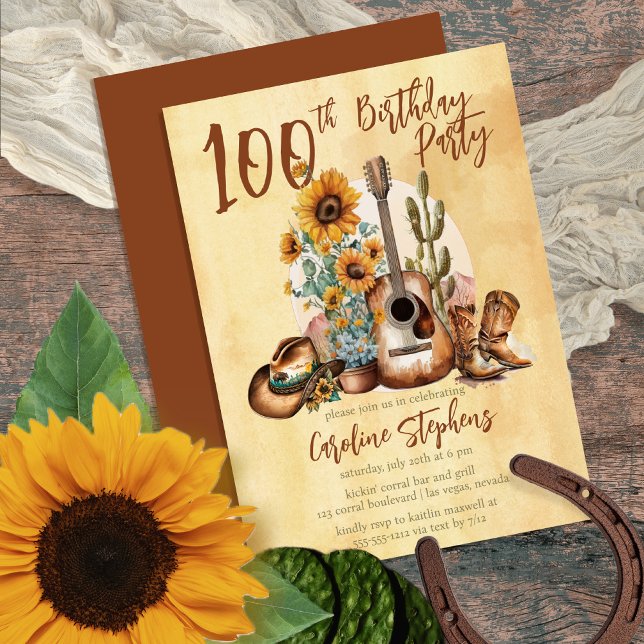 Invitation Boho Western Guitar Sunflower 100e fête d'annivers (Make her Birthday Party unique with this Boho Rustic Western-themed Guitar & Sunflowers design!)