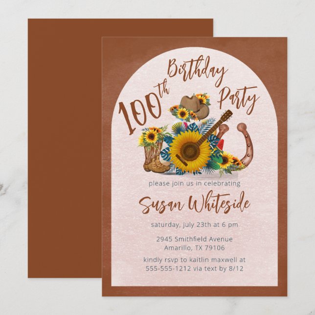 Invitation Boho Western Guitar Sunflower 100e fête d'annivers (Devant / Derrière)