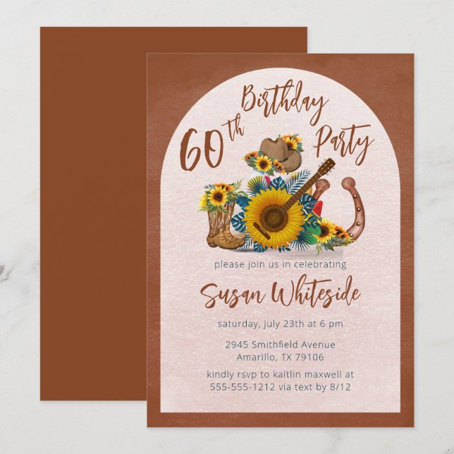 Invitation Boho Western Guitar Sunflowers 60e fête d'annivers (Devant / Derrière)