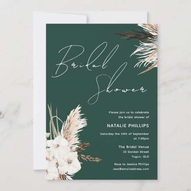 Invitation Boho White Floral Emerald Green Fête des mariées (Devant)