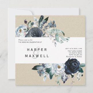 Invitation Boho White Navy Peony Kraft Mariage Carré