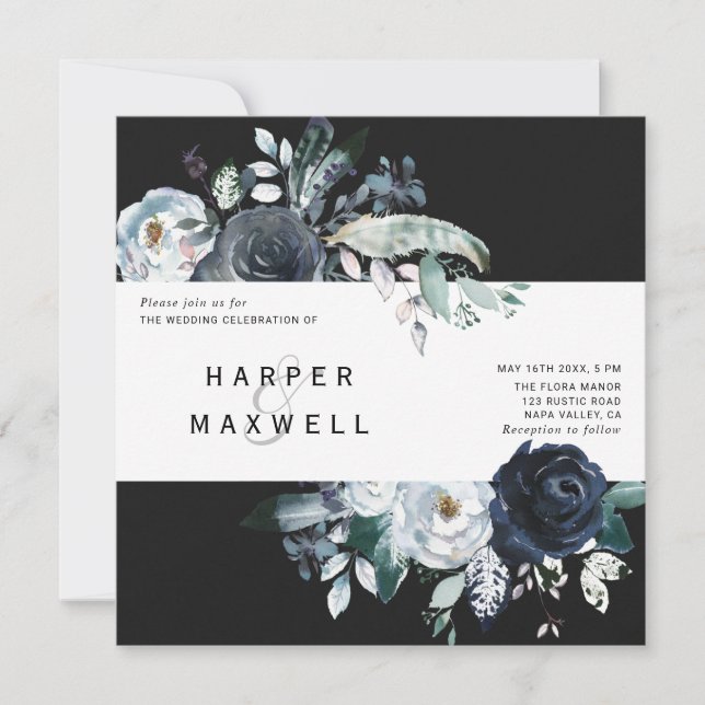 Invitation Boho White Navy Peony Kraft Mariage Carré noir (Devant)