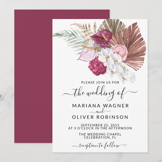 Invitation Boho White Orchidées Blush Burgundy Floral Mariage (Devant / Derrière)