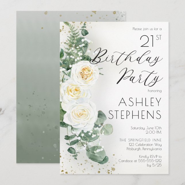 Invitation Boho White Roses Eucalyptus 21e fête d'anniversair (Devant / Derrière)