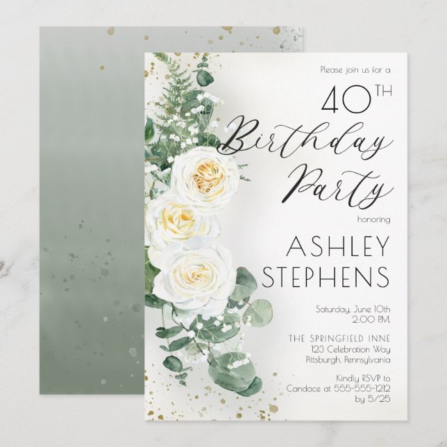 Invitation Boho White Roses Eucalyptus 40e fête d'anniversair (Devant / Derrière)