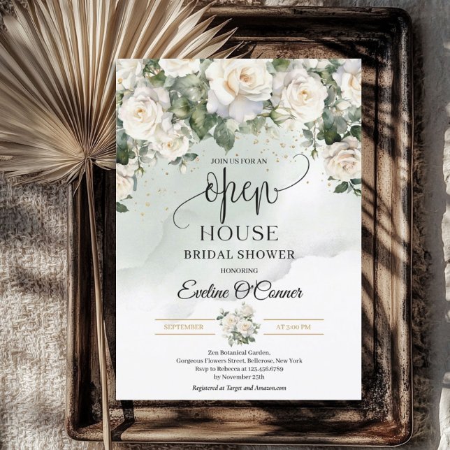 Invitation Boho White Roses Green and Gold Open House (Boho White Roses Greenery and Gold Open House Invitation)