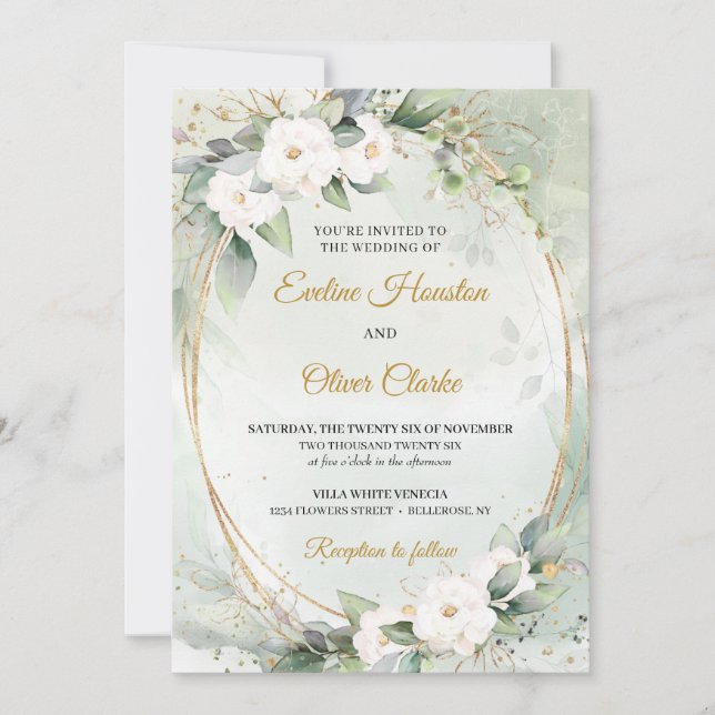 Invitation Boho White roses vert eucalyptus faux or oval (Devant)