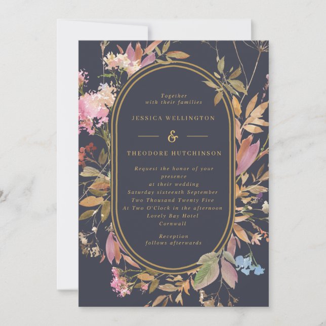Invitation Boho Wild Flowers Mauve & Marine Gold Frame Mariag (Devant)
