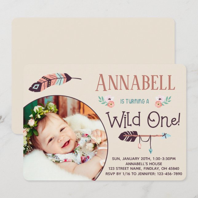 Invitation Boho Wild ONE Girl Premier anniversaire (Devant / Derrière)