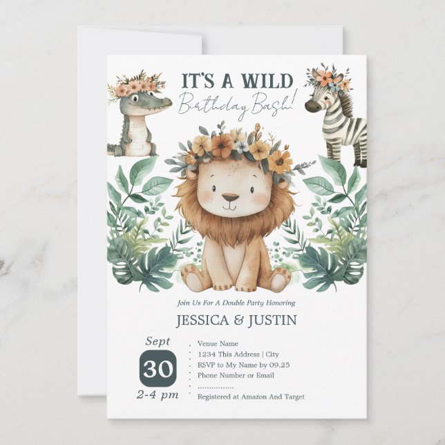 Invitation Boho Wild One Lion Double Enfants Anniversaire (Devant)
