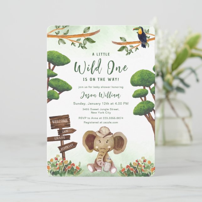 Invitation Boho Wild One Safari Elephant Boy Baby Shower  (Debout devant)