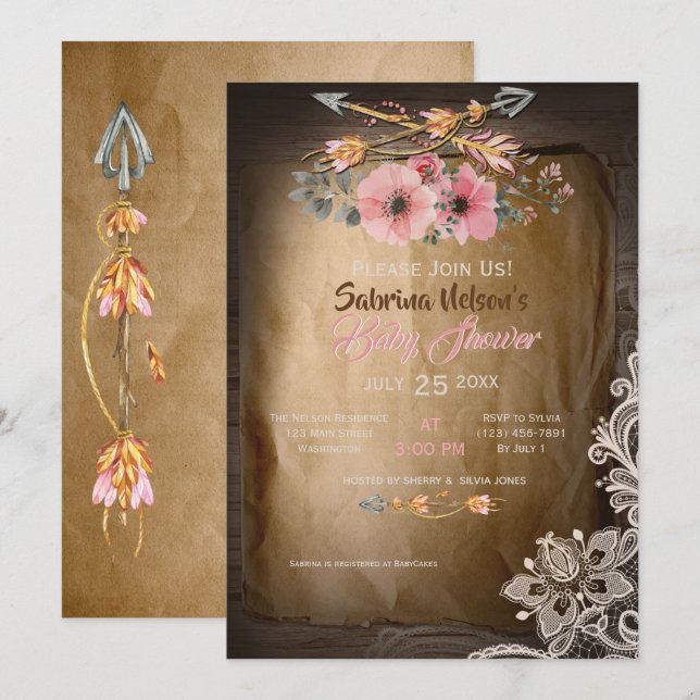 Invitation BOHO Wild Roses Baby shower fille (Devant / Derrière)