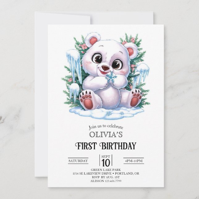 Invitation Boho Winter Polar Bear 1er Anniversaire numérique (Devant)
