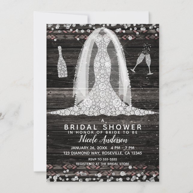 Invitation Boho Wood Chic Diamond Mariage robe Fête des marié (Devant)