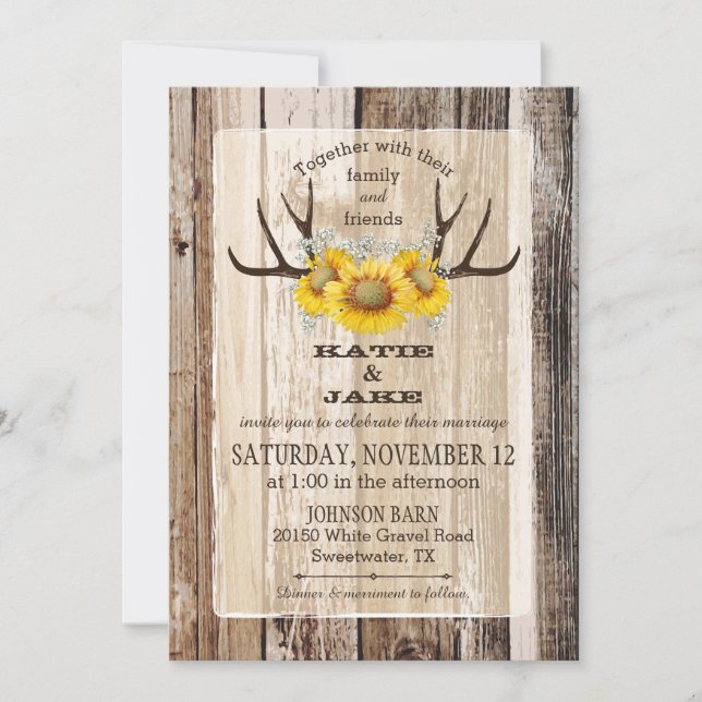Invitation Boho Wood Sunflower Antlers Mariage rustique (Devant)