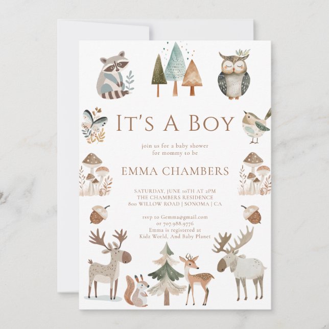 Invitation Boho Woodland Animals C'est un Baby shower garçon (Devant)
