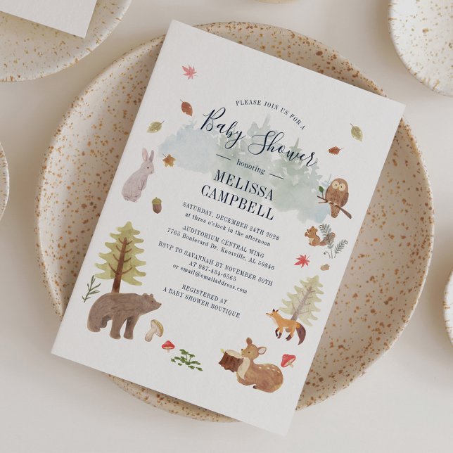 Invitation Boho Woodland Animaux Baby shower d'automne (Boho Woodland Animals Rustic Fall Baby Shower Invitation featuring a bear deer fox owl rabbit)