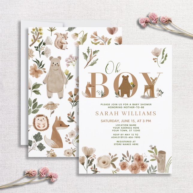 Invitation Boho Woodland Animaux Brown Oh Boy Baby shower (Créateur téléchargé)