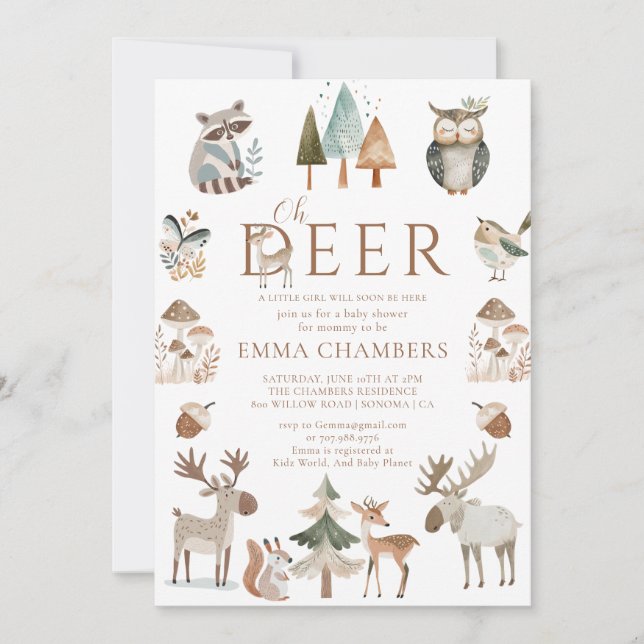 Invitation Boho Woodland Animaux Oh Deer Girl Baby shower (Devant)