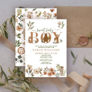 Invitation Boho Woodland Animaux Sweet Baby Baby shower garço