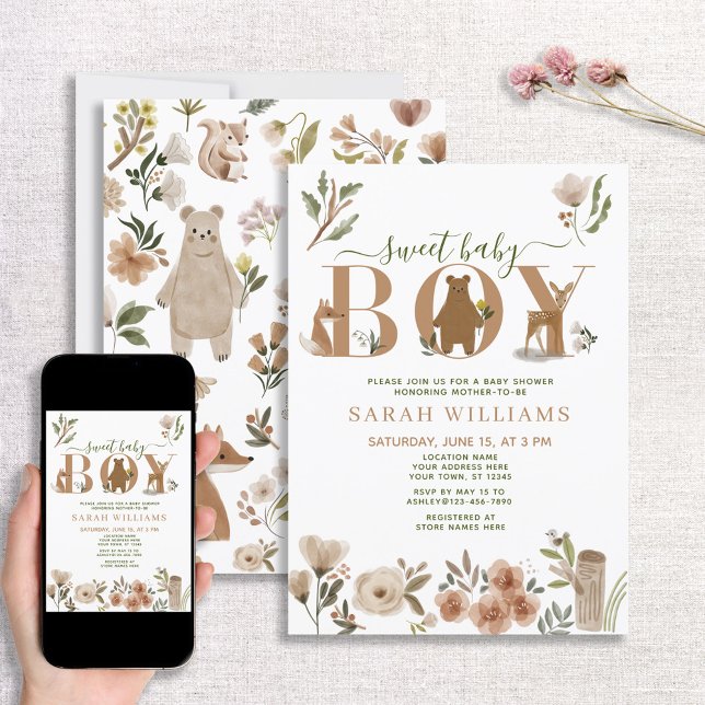 Invitation Boho Woodland Animaux Sweet Baby Baby shower garço (Créateur téléchargé)