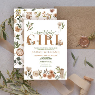 Invitation Boho Woodland Animaux Sweet Baby Girl Douche