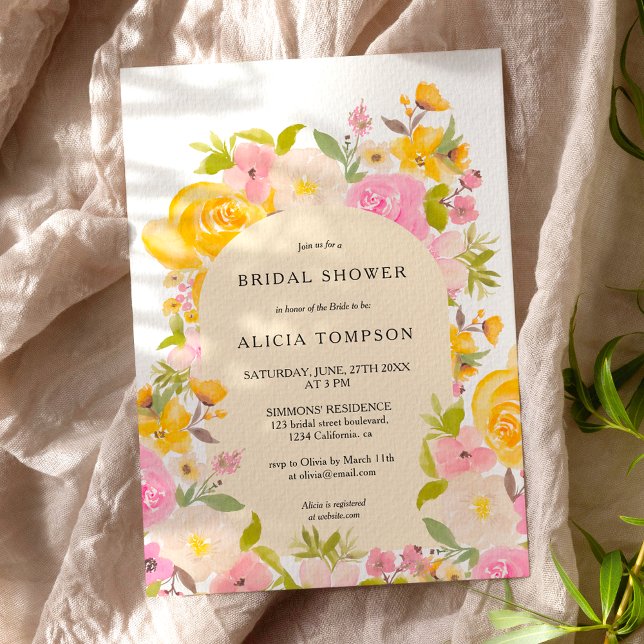 Invitation Boho Yellow arc rose floral chic douche nuptiale (Boho Yellow pink floral arch chic bridal shower Invitation)