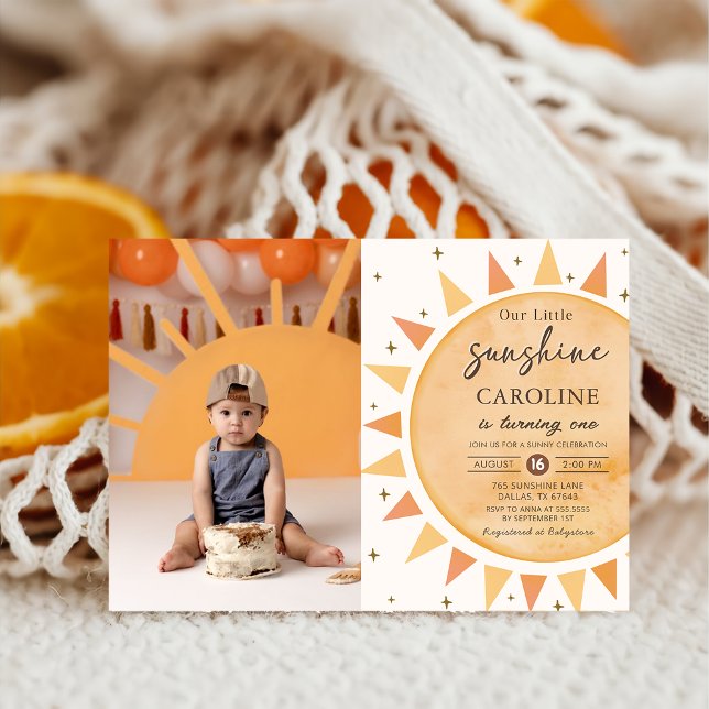Invitation Boho Yellow Little Sunshine Photo Anniversaire (Créateur téléchargé)