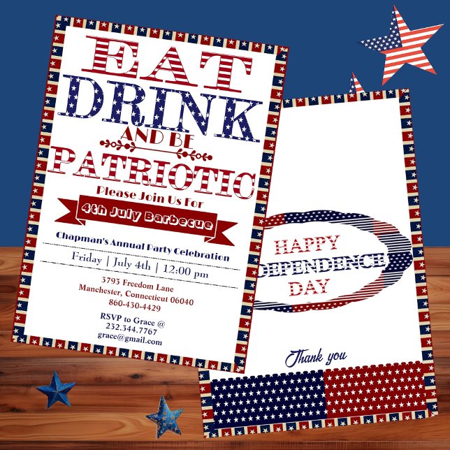 Invitation Boire à manger et être patriotique 4 juillet Barbe (Eat Drink & Be Patriotic 4th July Barbecue Party Invitation)