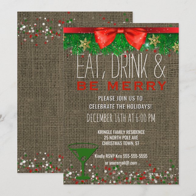 Invitation Boire à manger Soyez Joyeux Rustic Holiday Cocktai (Devant / Derrière)