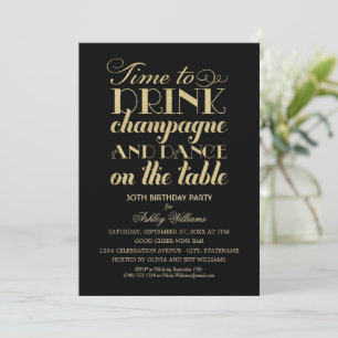Invitation Boire du Champagne Danser Paillettes Noir Or