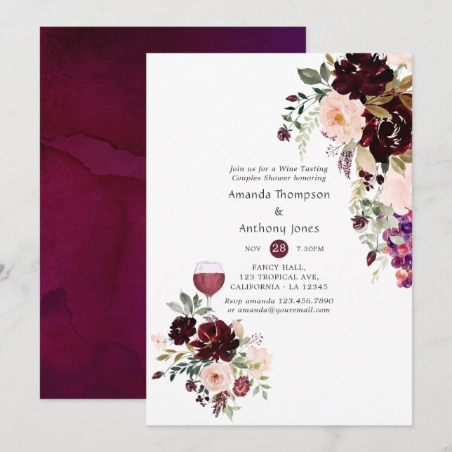 Invitation Boire et Blush Floral Vin Dégustation Couples Douc (Devant / Derrière)