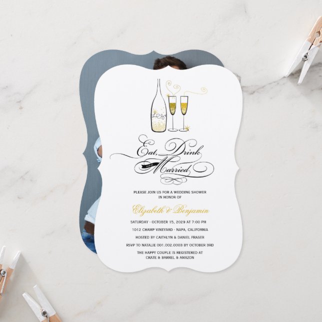 Invitation Boire et être marié Gold Champagne Chic Mariage (Devant/Arrière en situation)