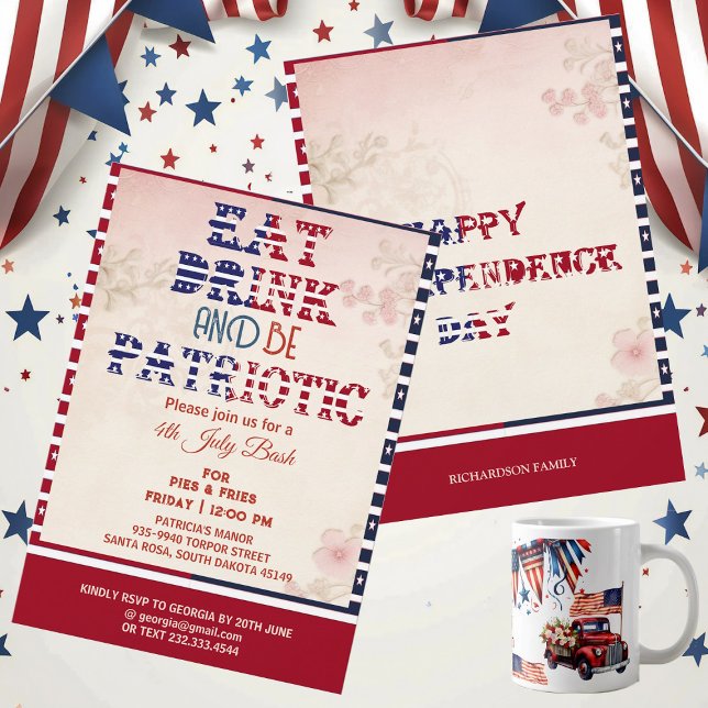 Invitation Boire et être patriotique 4 juillet Bash Shabby Ch (Eat Drink & Be Patriotic 4th July Bash Shabby Chic Invitation)