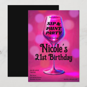 Invitation Boire & peindre Verre à vin rose Fête d'anniversai