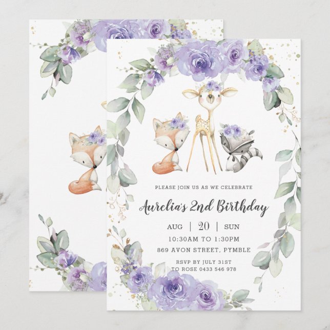 Invitation Bois Animal Purple Floral Végétation Anniversaire (Devant / Derrière)