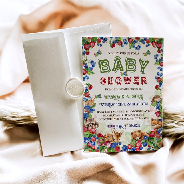 Invitation Bois Animaux Baby shower aux fraises aux bleuets (Créateur téléchargé)