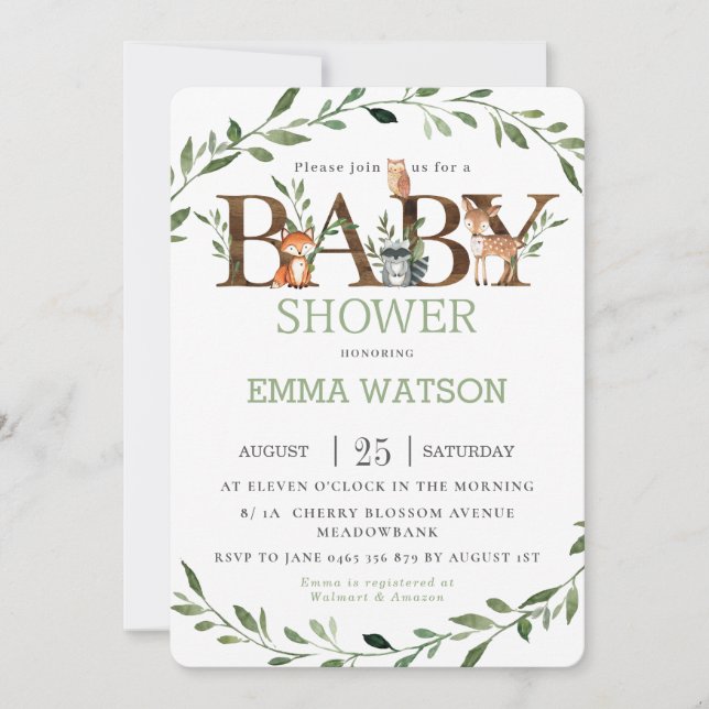 Invitation Bois Animaux Baby shower Chic Vert Neutre (Devant)