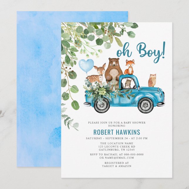 Invitation Bois Animaux Baby shower de camion bleu (Devant / Derrière)