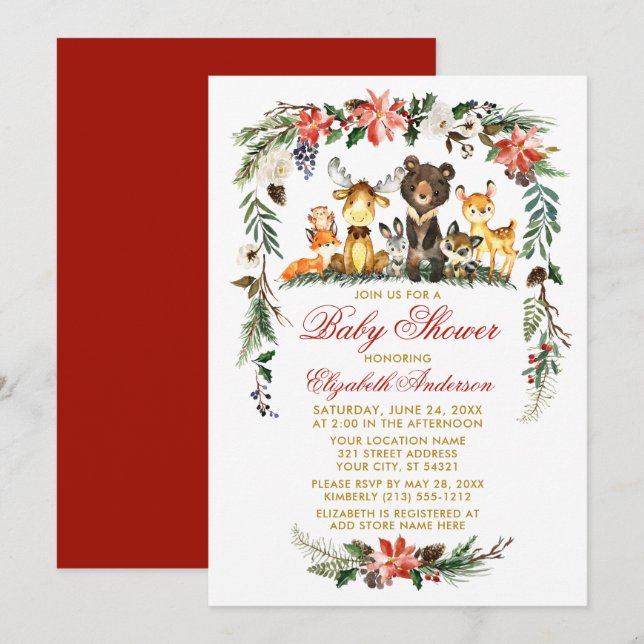 Invitation Bois Animaux Baby shower de vacances Red Gold (Devant / Derrière)