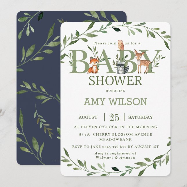 Invitation Bois Animaux Baby shower Végétation Whimsical (Devant / Derrière)