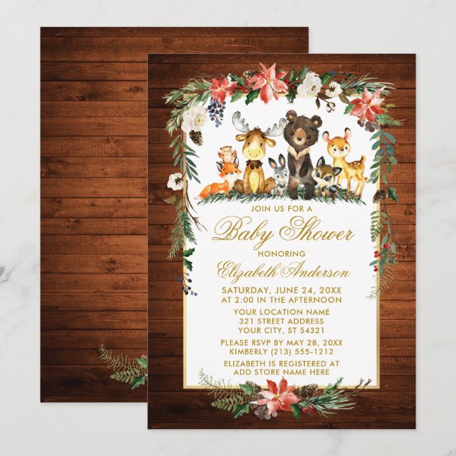 Invitation Bois Animaux Baby showers de vacances Bois Or (Devant / Derrière)