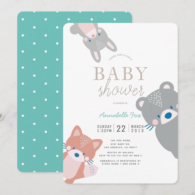 Invitation Bois Animaux Blanc Turquoise Baby shower garçon (Devant / Derrière)